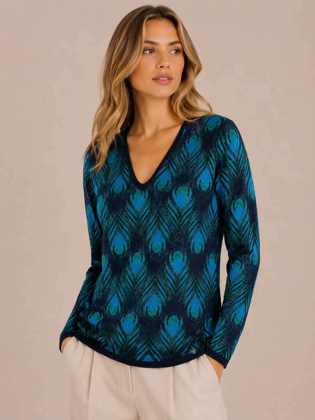 MAGLIA COLLO V LUREX FOGLIE PAVONE