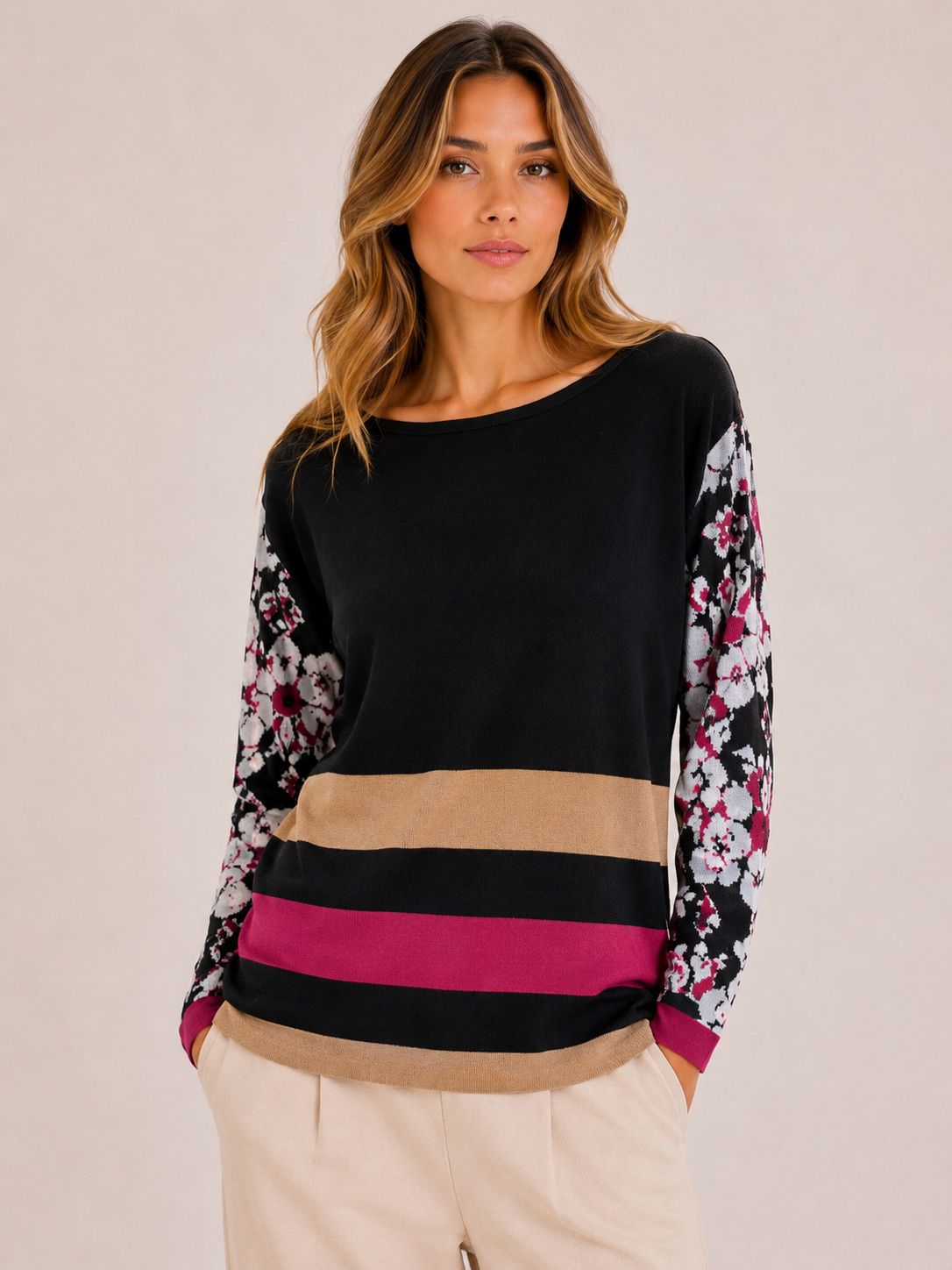 MAGLIA RIGHE MANICHE FIORI