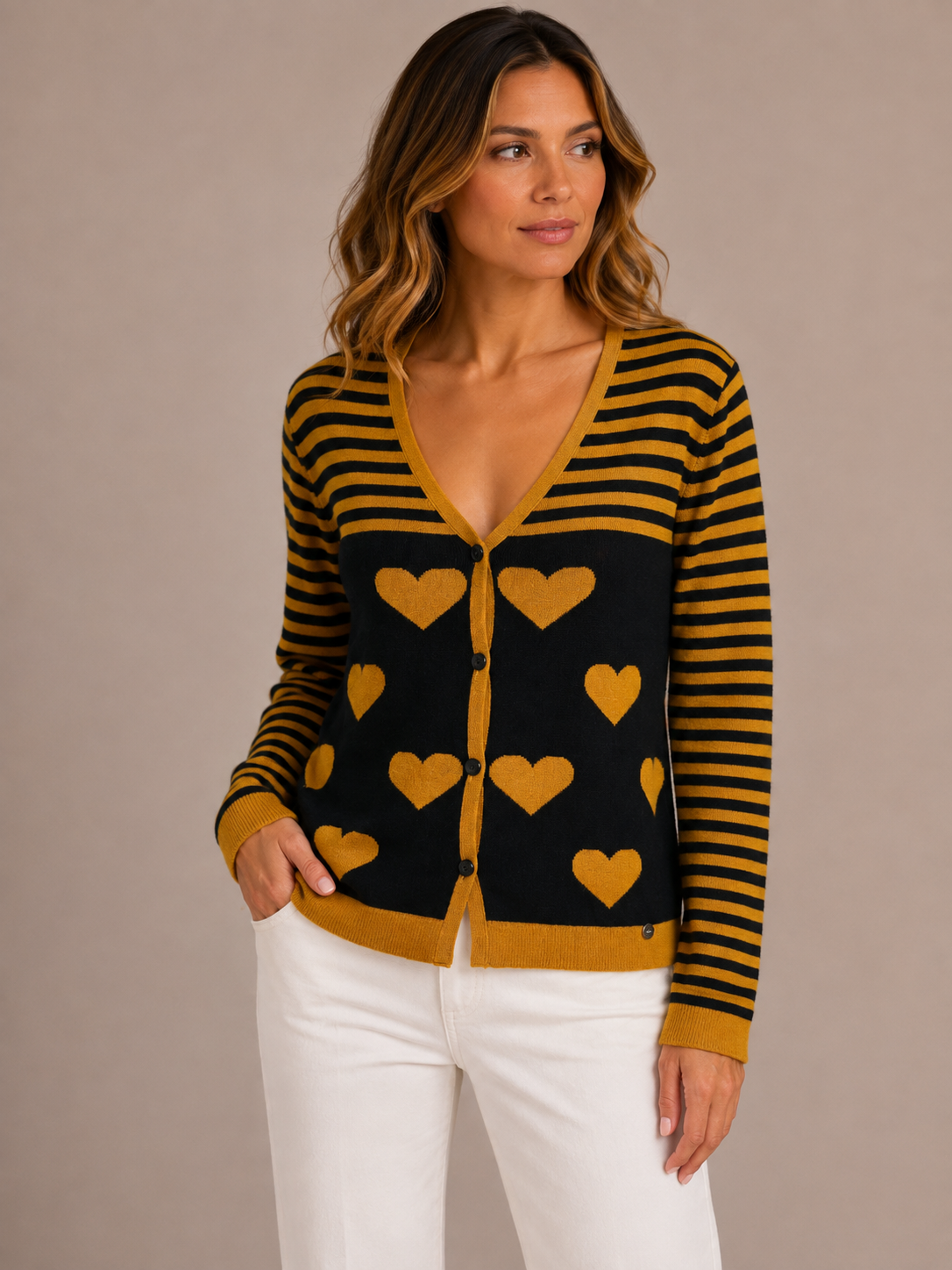 CARDIGAN COLLO V RIGHE CUORI