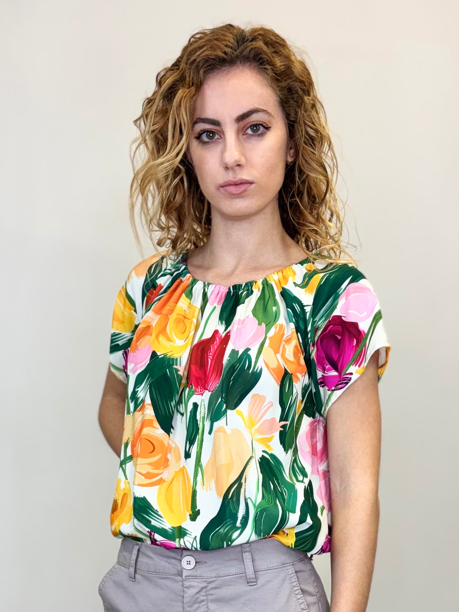 BLUSA MANICA CORTA STAMPA TULIPANI